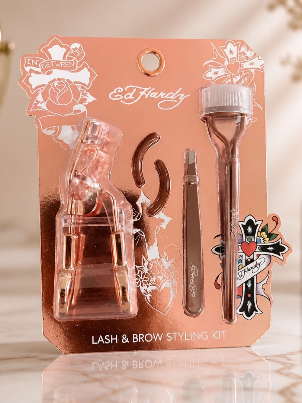 Ed Hardy Lash & Brow Styling Kit Rose Gold Eyelash Curler Tweezers New